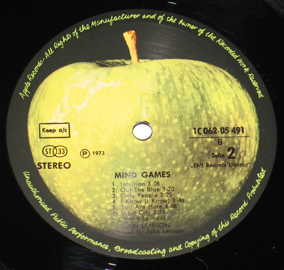 Close-Up of the APPLE Record Label for John Lennon's Mind Games Album  